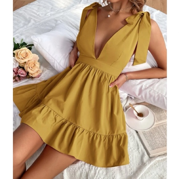 Boho tie shoulder ruffle hem dress yellow mustard - Picture 8 of 10